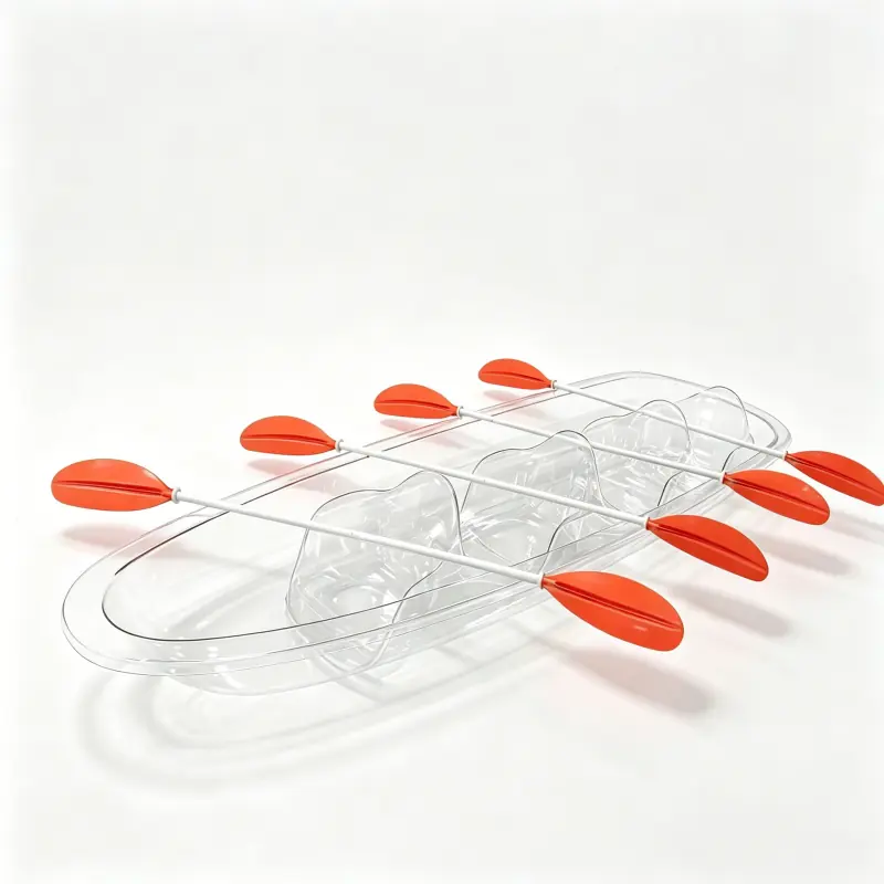 Transparent four-seat kayak with paddles on white background