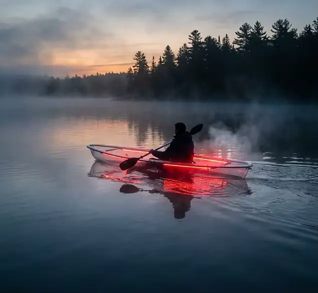 Customer photo of illuminated transparent kayak at dusk