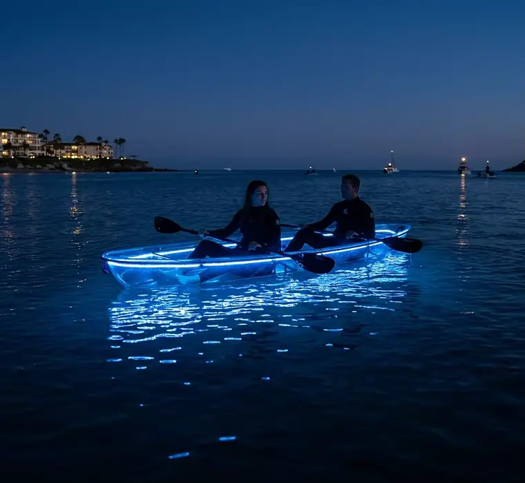 Customer photo of blue LED transparent kayak at night